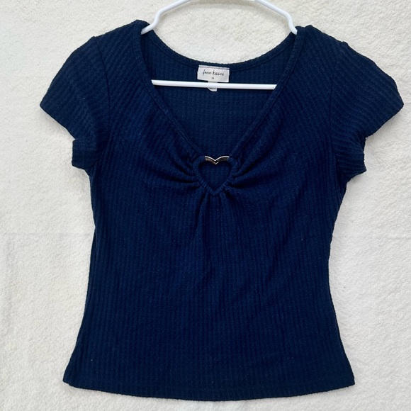 Free Kisses Tops - Free Kisses Navy Ribbed Short Sleeve Heart Ring Top